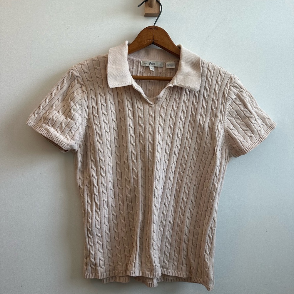 Pria Women’s Cable Knit Collared Top, 100% Cotton, Beige, XL